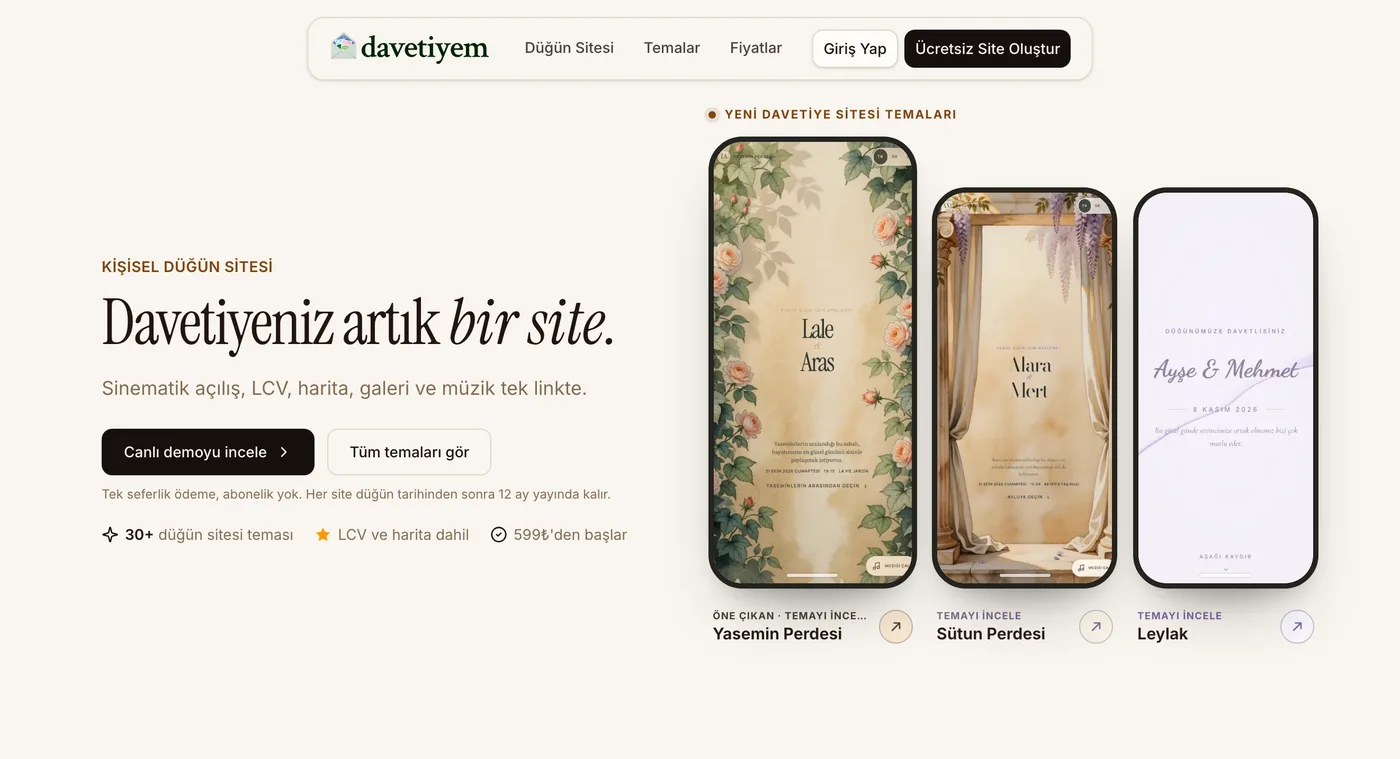 The Davetiyem homepage, showing three wedding website themes on phone screens